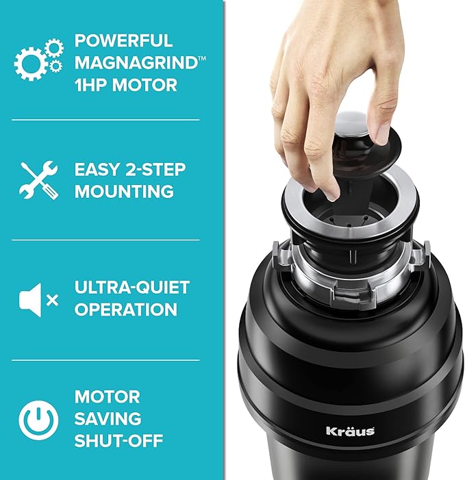 KRAUS WasteGuard 1 HP Ultra-Quiet Garbage Disposal with Quick Connect, Kitchen Sink Drain Cover, Power Cord and Flange Included, KWD100-100MBL-Ruum Studio Home