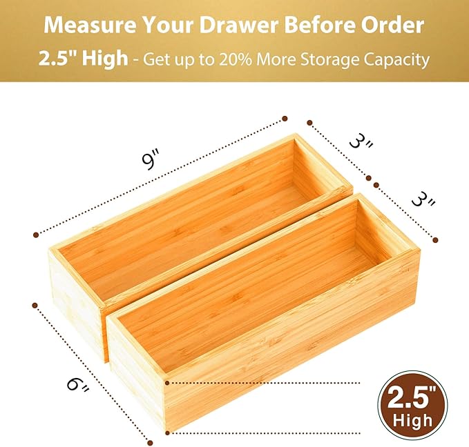Umilife Bamboo Kitchen Drawer Organizer, Extra High Silverware Tray, Flatware Cutlery Storage Box, Multi-Use Holder in Office, Bathroom, Pantry - 9"x3"x2.5" (Set of 2)-Ruum Studio Home