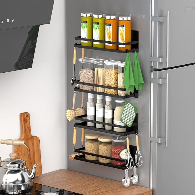 Magnetic Spice Rack for Refrigerator,Magnetic Shelf Fridge Organizer for Kitchen, Spice Rack Space Saver Container for Kitchen/Apartment, Drill Free, Black 6 Pack-Ruum Studio Home