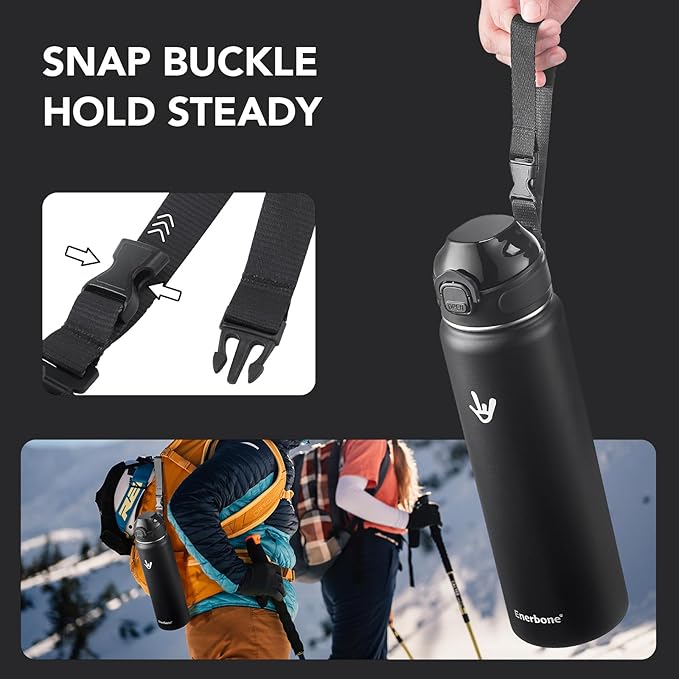 Enerbone 32 oz Insulated Water Bottle, Stainless Steel Bottle with Carrying Strap, Double-Wall Vacuum Insulation Design, Leakproof Sports Bottle with Straw, Keep Drinks Cold or Hot for Hours-Ruum Studio Home