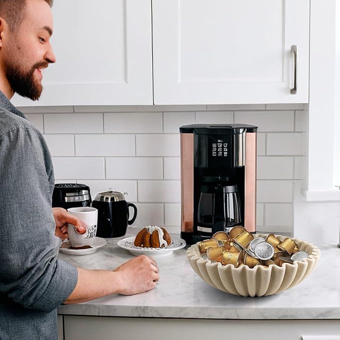 Large Decorative Bowl, Modern Handicraft Bowls for Home Decor, Decorative Fruit Bowl for Kitchen Counter, Ruffle Decor, Stylish Key Bowl for Entry Table, Artificial Stone Beige-Ruum Studio Home