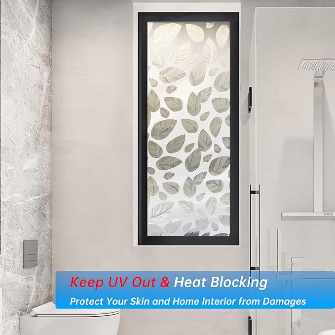 Frosted Glass Window Privacy Film Decorative, Bathroom Privacy Film for Glass Windows Cover, Static Cling, Removable, Reusable, Anti-UV, Anti-Glare, Heat Blocking,(Leaf White 17.5X78.7Inch)