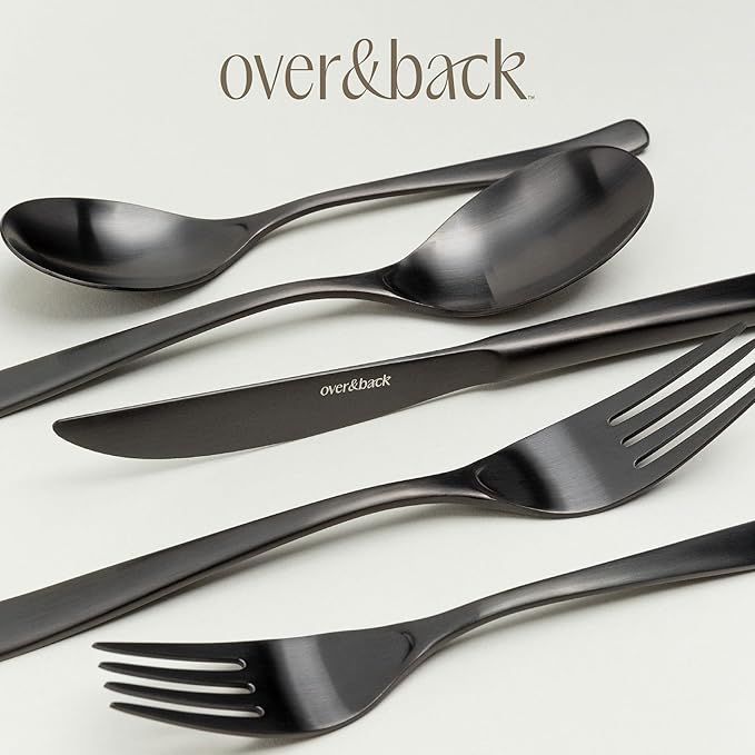 over&back 20pc Curved Flatware Cutlery Set - Comes with 4 Dinner Forks, 4 Salad Forks, 4 Dinner Knives, 4 Dinner Spoons, and 4 Teaspoons - 18/8 Stainless Steel - Dishwasher-Safe - Matte Black-Ruum Studio Home
