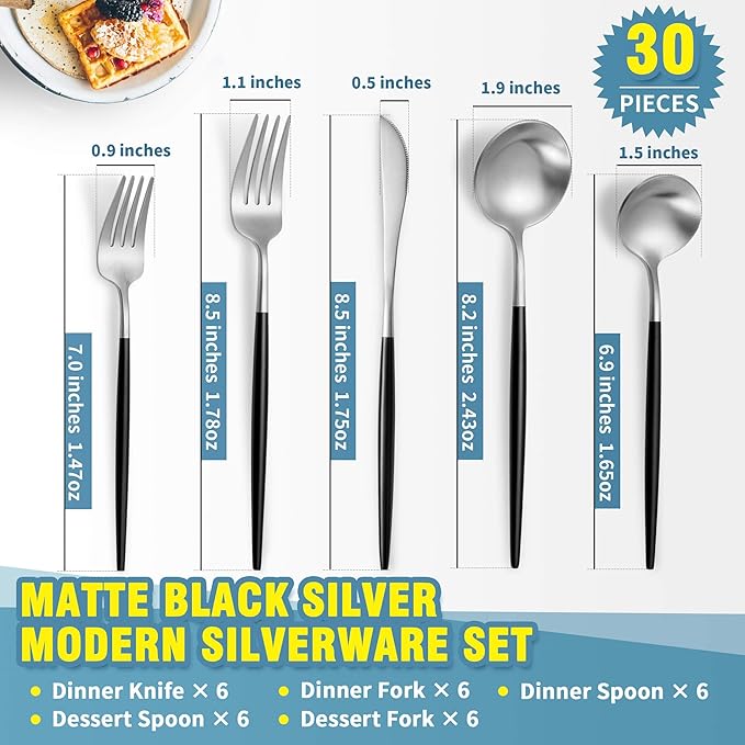 Matte Black Silver Silverware Set for 6,Modern Stainless Steel Brushed Cutlery Set,30-Pieces Heavy Duty Flatware Set,Knives Spoons and Forks Set Utensils Set, Satin Finish, Dishwasher Safe-Ruum Studio Home