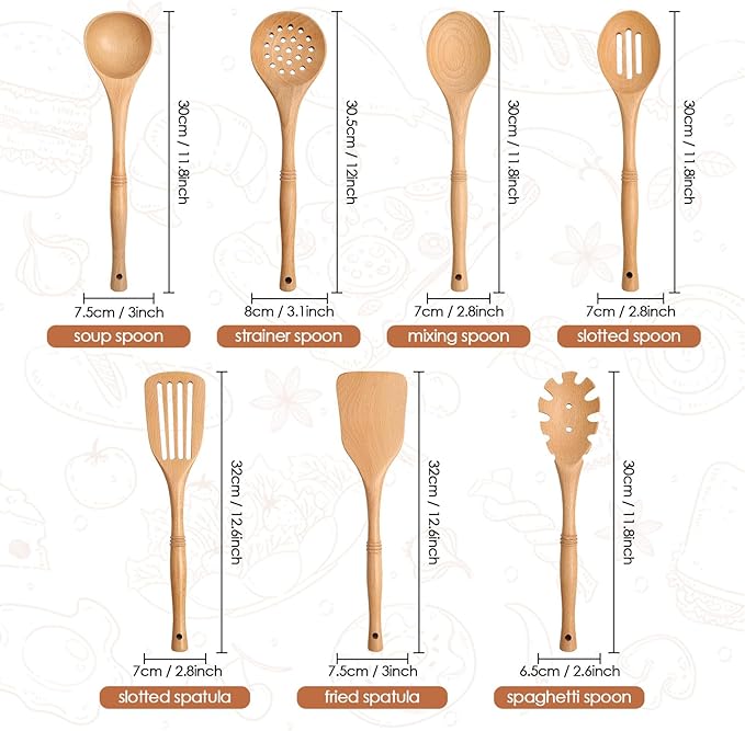 comfoyar Wooden Spoons for Cooking, 7 Pieces Kitchen Cooking Utenails Set with Spatula and Ladle, Heat Resistant Kitchen Cookware for Nonstick Pan-Beech-Ruum Studio Home