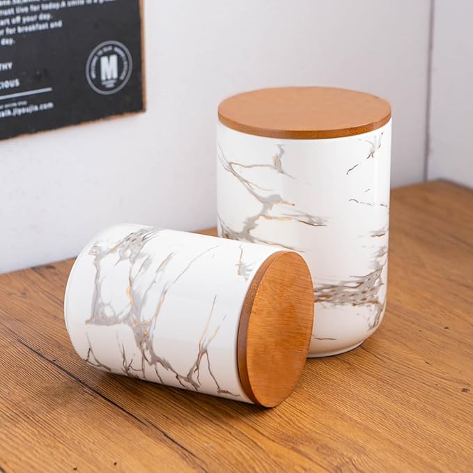 White Ceramic Canister Set with Wooden Lid, 3-Piece Food Storage Jars for Kitchen Counter, Storage Container for Sugar, Coffee, Tea, Spice-Ruum Studio Home