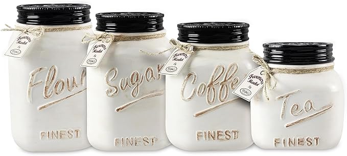 Young's 4 Piece Ceramic Canisters Sets for Kitchen, Country Style Ceramic Containers for Flour, Sugar, Tea and Coffee, Storage Containers with Lids 10.75"-Ruum Studio Home