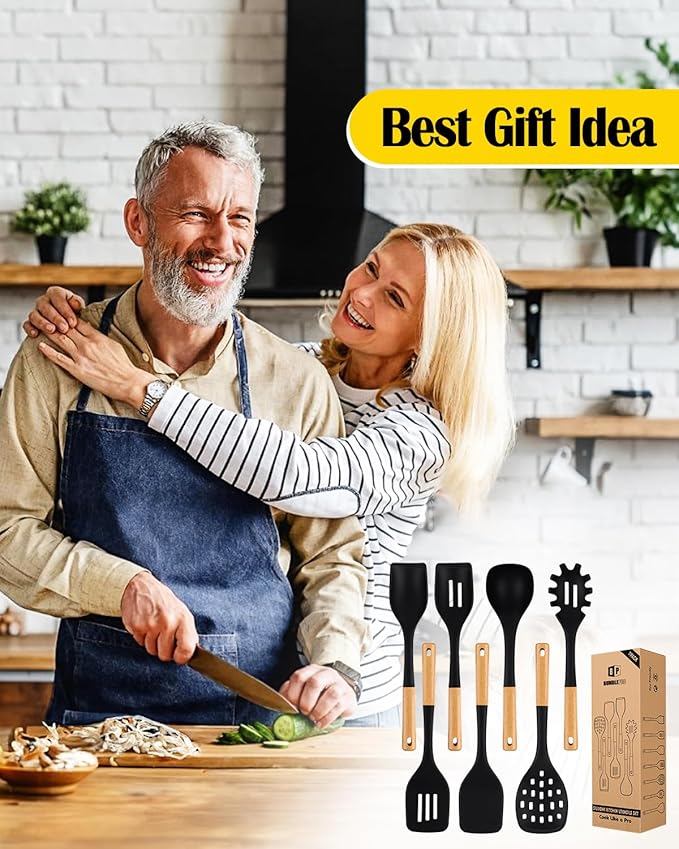 Silicone Kitchen Utensil Set for Non Stick Cookware, 7 Pcs Heat Resistant Cooking Utensils with Wooden Handle, BPA Free Kitchen Tools with Spatulas, Spoons, Skimmer and Pasta Fork (BLACK)-Ruum Studio Home