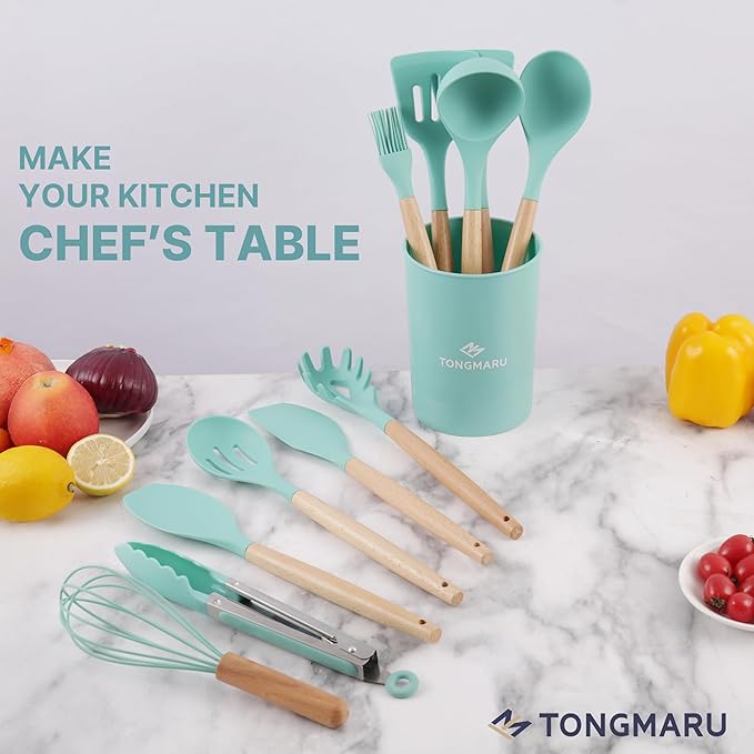 Silicone Cooking Utensils Set, Premium Beech Wood Handle Kitchen Gadgets Utensil Set, Non-Stick Kitchen Utensils Spatula, Tongs, Turner, Whisk, Brush, Spoon, BPA FREE, 446°F Resistant (Mint)-Ruum Studio Home