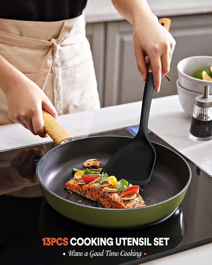 Kitchen Utensils Set, 13PCS Silicone Cooking Utensils, Heat Resistant Kitchen Utensil Spatula Set for Nonstick Cookware, Wooden Handles Kitchen Gadgets Tools Set-Ruum Studio Home