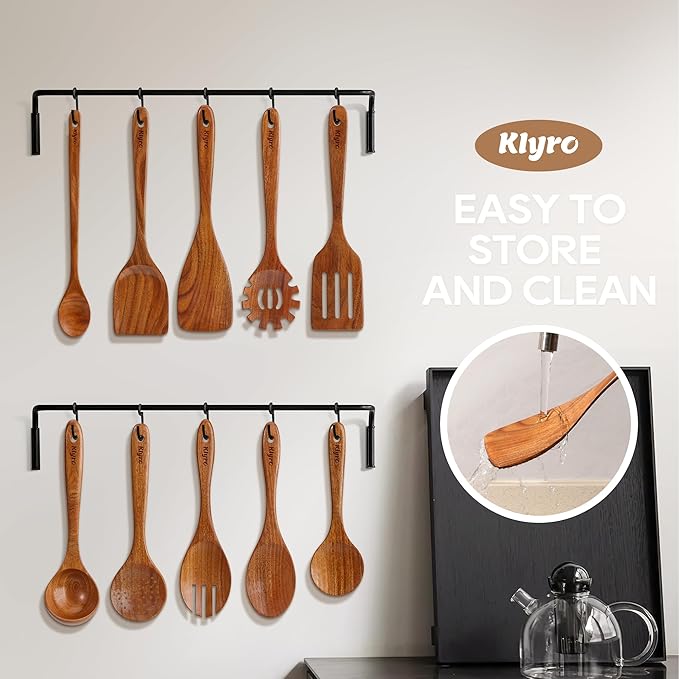 Teak Wooden Cooking Utensils Set, 10 Piece Premium Kitchen Cookware, Non-Scratch Wooden Spoons for Cooking, Perfect for Cooking and Serving-Ruum Studio Home