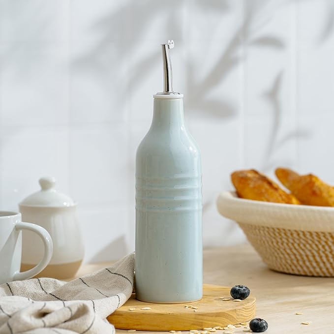 famiware Jupiter 16oz Ceramic Olive Oil Dispenser Bottle, 1 Piece Oil Dispenser for Kitchen with Stainless Steel Pourers, Suitable for Storage Vinegar, Soy Sauce, Coffee Syrup, Light Blue-Ruum Studio Home