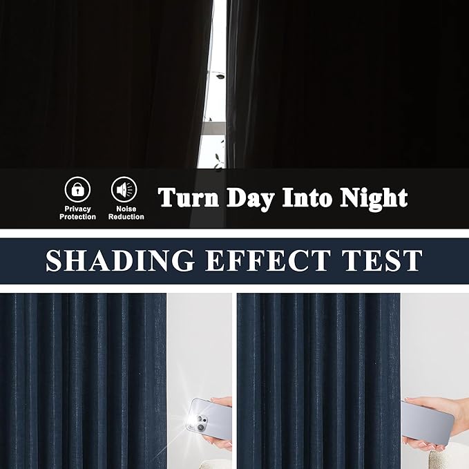 Vision Home Navy Blue Pinch Pleated Full Blackout Curtains Linen Blended Room Darkening Curtain Panels 120 inch for Living Room Bedroom Thermal Insulated Pinch Pleat Drapes with Hooks 40" Wx120 Lx2