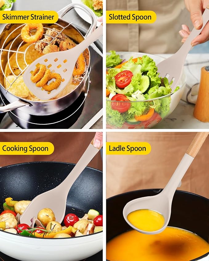 Silicone Kitchen Utensil Set for Non Stick Cookware, 7 Pcs Heat Resistant Cooking Utensils with Wooden Handle, BPA Free Kitchen Tools with Spatulas, Spoons, Skimmer and Pasta Fork (KHAKI)-Ruum Studio Home