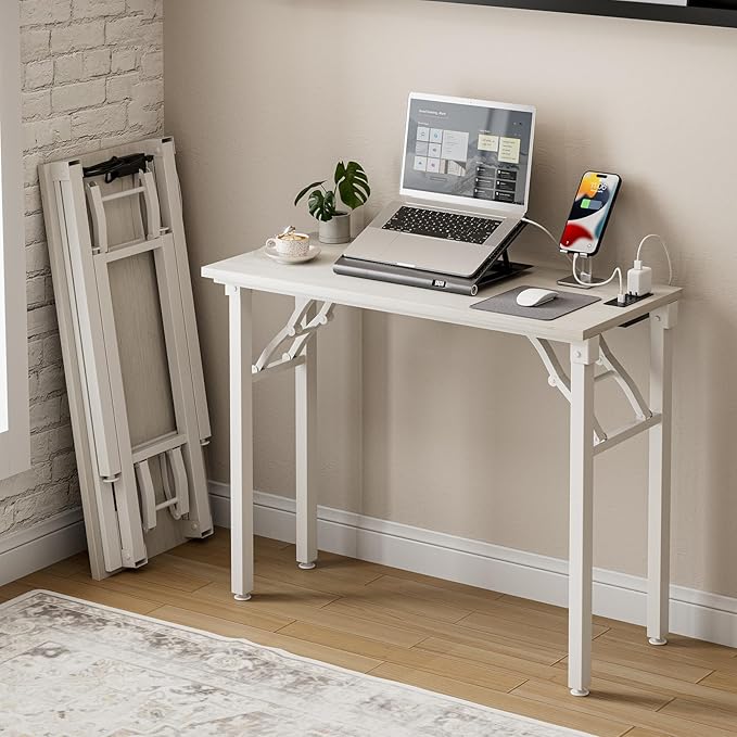 Frylr Small Folding Computer Desk β 35.8 Inch Portable Table for Craft and Study, Lightweight Desk for Small Spaces, Foldable Laptop Table Built-in AC/USB Outlets for Convenience, White Ash