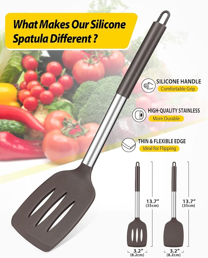 Pack of 2 Silicone Solid Turner, Non Stick Slotted Kitchen Spatulas, High Heat Resistant BPA Free Cooking Utensils, Ideal Cookware for Fish, Eggs, Pancakes(Chocolate)-Ruum Studio Home