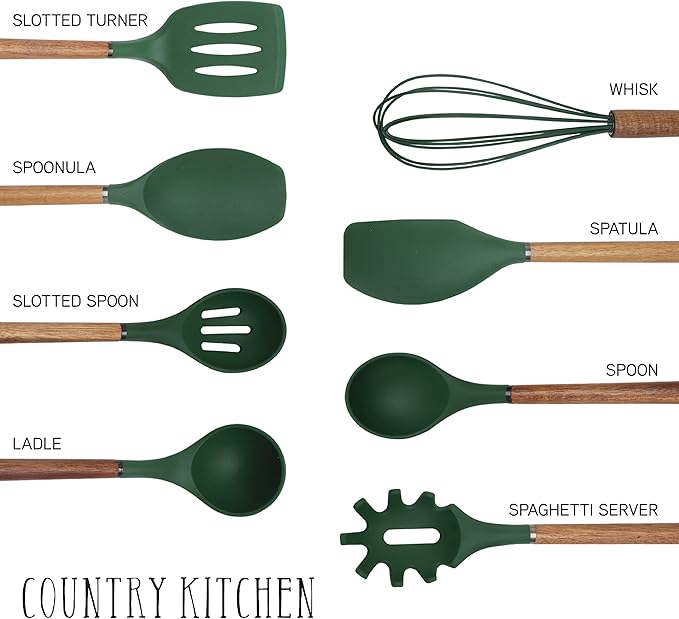 Country Kitchen Non Stick Silicone Utensil Set with Rounded Wood Handles for Cooking and Baking, 8 Piece Set, Green-Ruum Studio Home