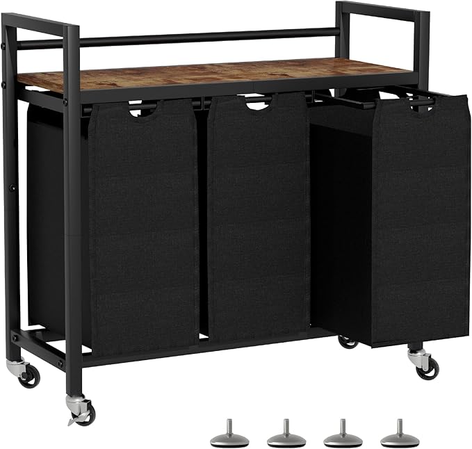 Laundry Hamper, Laundry Basket, Laundry Sorter with 3 Removable Bags, Clothes Basket with 3 Compartments, Wheels, Shelf for Laundry Room Bathroom Bedroom (3 Bags-Black)-Ruum Studio Home