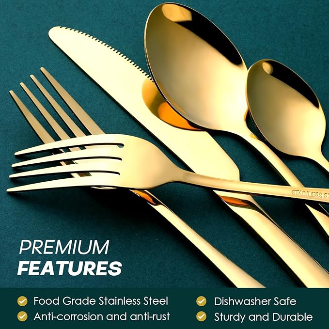Gold Silverware Set for 8, OGORI 45-Piece Stainless Steel Flatware Set with Serving Set, Mirror Polished Cutlery Set with Serving Utensils Spoon for Kitchen Party Supply-Ruum Studio Home