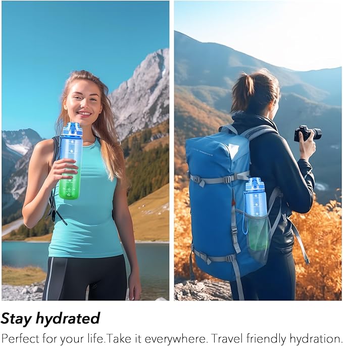 32oz Motivational Water Bottles with Time Marker & Fruit Strainer, Transparent Gradient Color Water Bottle with Times to Drink, Leakproof & BPA Free, Reusable Bottle with Strap (No Straw)-Ruum Studio Home