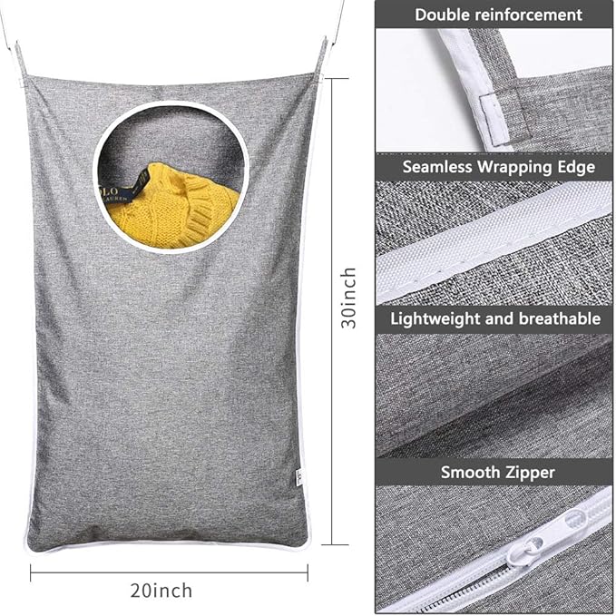 KEEPJOY Hanging Laundry Hamper Bag with Free Adjustable Stainless Steel Door 2 PCs Suction Cup Hooks, Best Choice for Holding Dirty Clothes and Saving Space, Grey-Ruum Studio Home