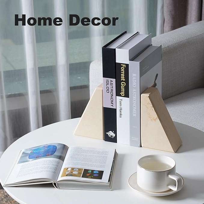 Marble Bookend for Heavy Books, Decorative Bookends for Shelves, Durable and Heavy-Duty Book End for Hardback Books & CDS, Unique Book Stopper & Holder, Sunny Golden, Set of 2-Ruum Studio Home
