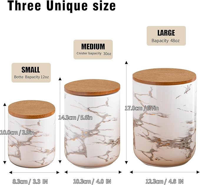 White Ceramic Canister Set with Wooden Lid, 3-Piece Food Storage Jars for Kitchen Counter, Storage Container for Sugar, Coffee, Tea, Spice-Ruum Studio Home