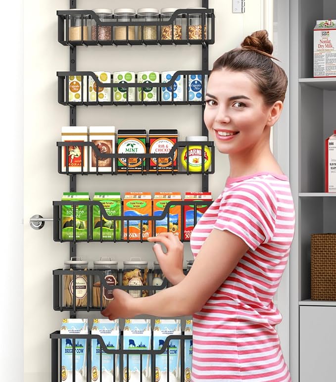 Over The Door Pantry Organizer, 8-Tier Pantry Door Organizer Shelves | 3 Sizes | Adjustable Basket | Metal Hanging Spice Rack for Kitchen, Pantry, Cabinet, Back of Door Seasoning Rack, Black-Ruum Studio Home