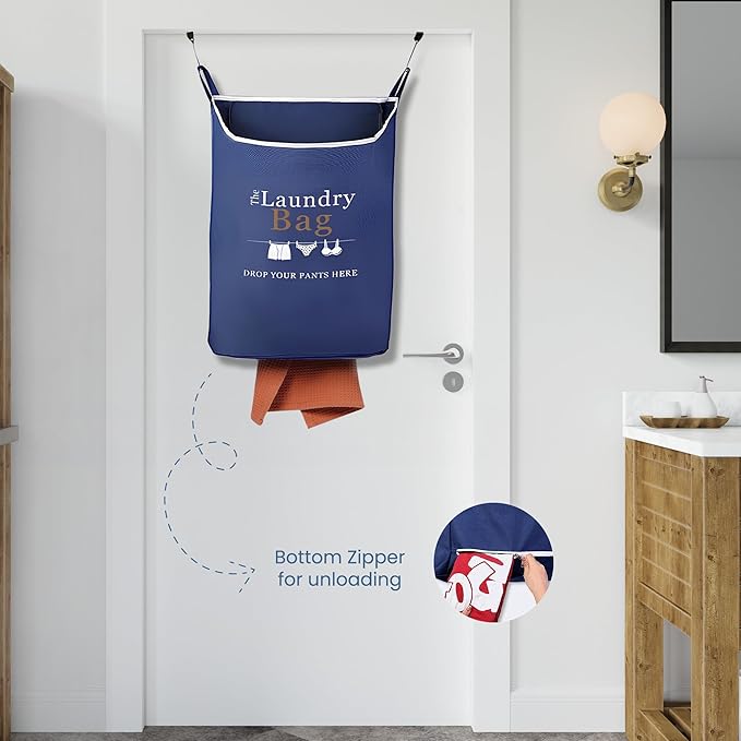 Fine Living Co. Large Hanging Laundry Hamper with Over Door Hooks & Adhesive, Durable Space Saving Laundry Bag with Zipper and Wide Open Top, Hanging Dorm Laundry Hamper (Navy Blue with Print-XL)-Ruum Studio Home