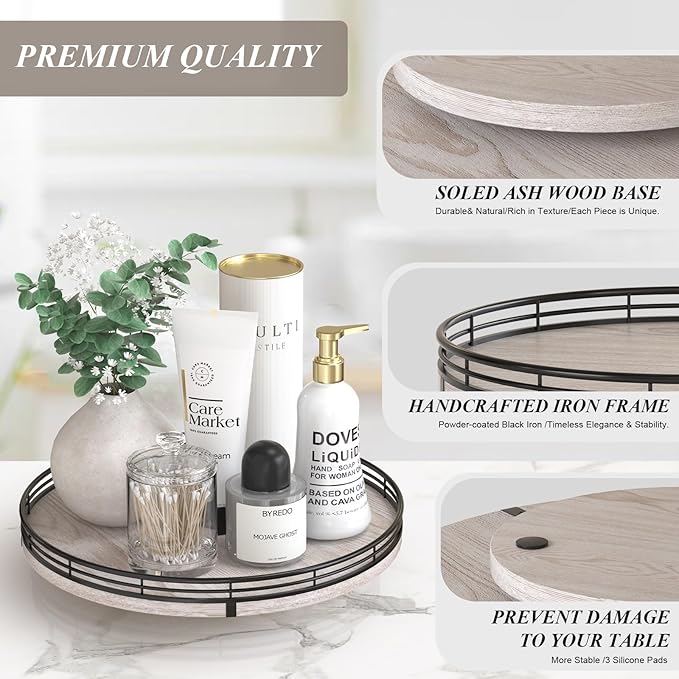 12" Farmhouse Lazy Susan for Kitchen & Coffee Table Decor β Rustic Wood Tray with Black Metal Frame, Decorative Centerpiece for Dining Room, Ottoman, Living Room, Serving or Vanity Use-Ruum Studio Home
