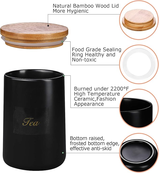 Yangbaga Black Canisters Sets for Kitchen-Set of 3 Coffee Canisters for Countertop with Airtight Wood Lids/Spoons/Stickers, Ceramic Food Storage Containers for Large Suger,Coffee,Tea (42/30/9OZ)-Ruum Studio Home