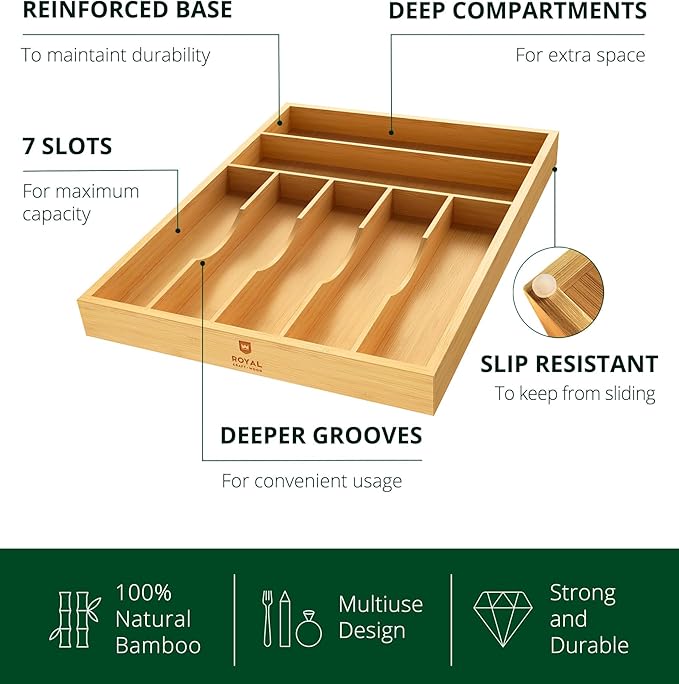 ROYAL CRAFT WOOD Luxury Bamboo Utensil Rack and Silverware Organizer, Kitchen Drawer Organizer - Utensil Holder and Cutlery Tray with Grooved Drawer Dividers for Flatware 7 Slot, Natural-Ruum Studio Home