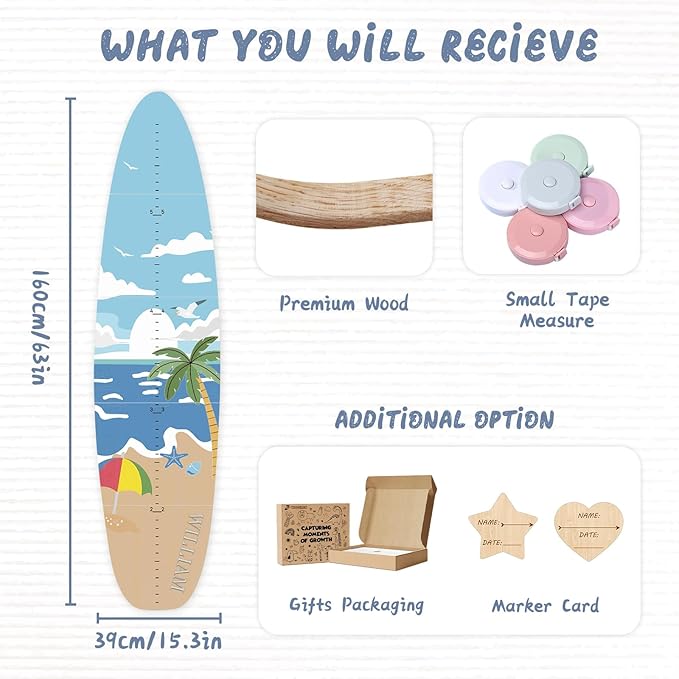 Personalized Name Growth Chart, Surfboard Children's Height Growth Chart Wall Board, Stereoscopic Height Ruler, Precision Height Measuring Instrument for Nursery Room, Includes Tools-Ruum Studio Home