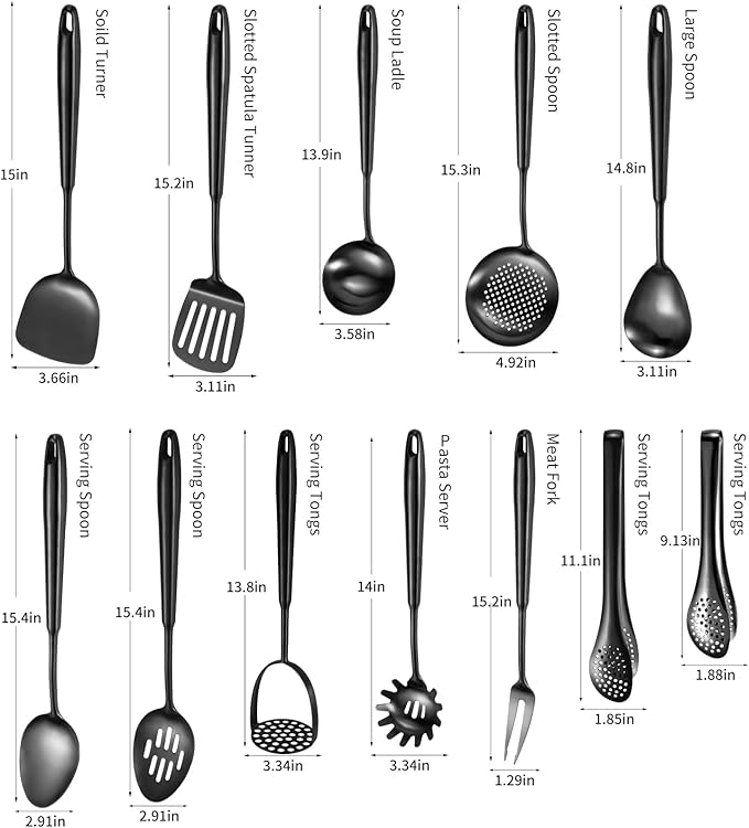 304 Stainlss Steel Matte Kitchen Utensils Set, 12 Pcs Long Metal Cooking Utensil Gadgets Tools Set with Spatula, Ladle, Spoon, Ladle, Skimmer, Tunner, Pasta Server, Tongs(Black, Dishwasher Safe)-Ruum Studio Home