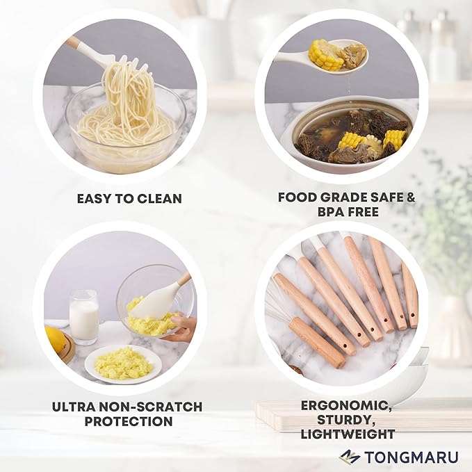 Silicone Cooking Utensils Set, Premium Beech Wood Handle Kitchen Gadgets Utensil Set, Non-Stick Kitchen Utensils Spatula, Tongs, Turner, Whisk, Brush, Spoon, BPA FREE, 446°F Resistant (White)-Ruum Studio Home