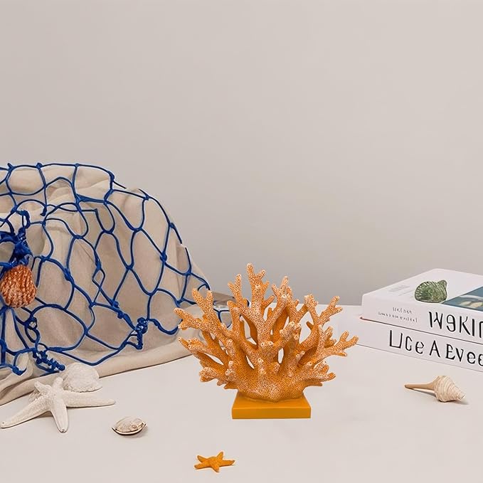 5.8" H Orange Coral Decor - Resin Coral Statue, Nautical Decor for Home, Bedroom, Bathroom, Living Room, Ocean Themed Cabinet Shelf Tabletop Decoration-Ruum Studio Home