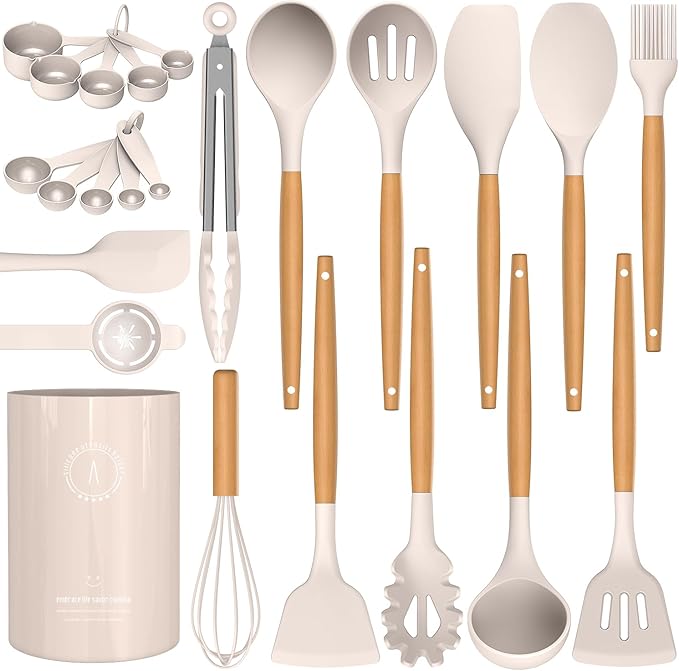 Silicone Cooking Utensils Set - Silicone Kitchen Utensils for Cooking Wooden Handles, 446°F Heat Resistant Kitchen Utensil Spatula Sets w Holder, Gadgets for Non-Stick Cookware BPA FREE (Khaki)-Ruum Studio Home