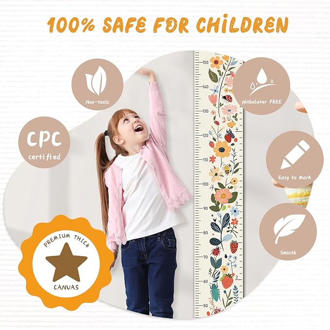 Personalized Name Growth Chart Wall Decor for Kids – Canvas Removable Height Chart Measuring Ruler 59" x 7.9" (Flowers)-Ruum Studio Home