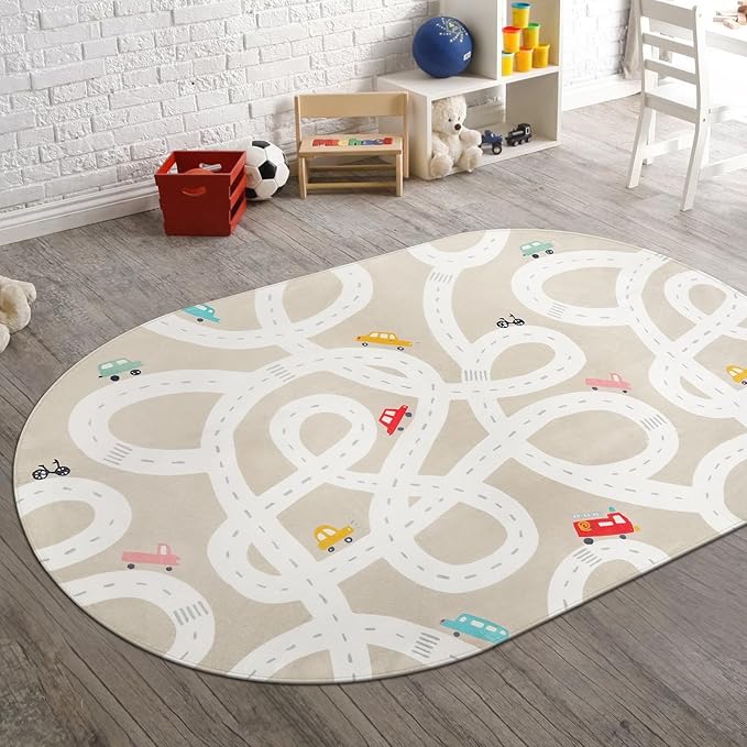 STARUIA Large Kids Rug for Playroom, 4'x6' Washable Road Rug for Nursery, Non-Slip Car Rugs for Boys Room, Tan Traffic Classroom Rugs Soft Baby Play Mat for Dorm Toy Room Tent-Ruum Studio Home