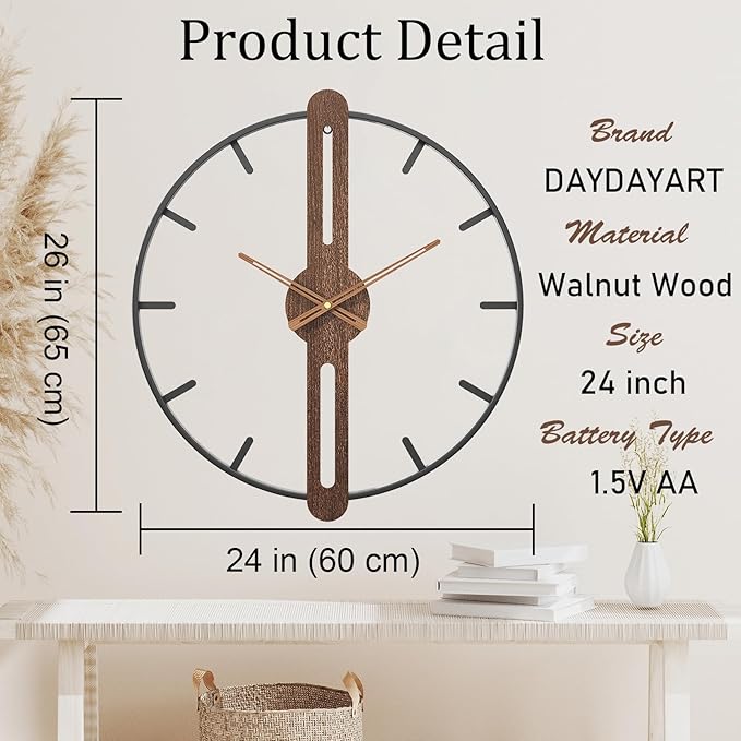 Modern Walnut Dial Wall Clock, Wood Large Wall Clock Decor Metal Frame Silent Non Ticking for Living Room, Bedroom, Kitchen, Study Decoration, Handmade Home Present Idea, 24 in (60 cm)