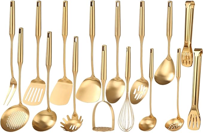 Gold Cooking Utensils Set - 18/10 Stainless Steel Large and Small Spoons Set, 16 PCS All Metal Kitchen Tools, Serving Utensils - Whisk, Masher, Fork, Tongs, Spatula, Ladle, Skimmer, Turner, Pasta-Ruum Studio Home