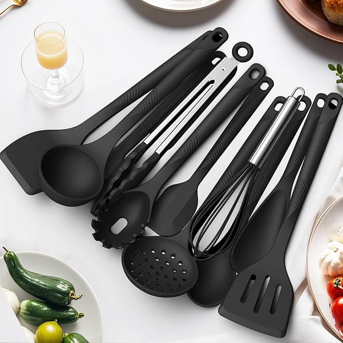 Silicone Cooking Utensils Set - 600°F Heat Resistant, Nonstick Kitchen Utensil Set with Spatulas, Spoons, Whisk, Tongs, BPA Free, Dishwasher Safe, Black-Ruum Studio Home