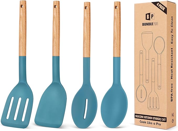 Pack of 4 Silicone Cooking Utensils Set, Non Stick Solid Spatulas and Heat Resistant Slotted Spoons with Wooden Handle, Ideal Wood Kitchen Utensils Set for Frying,Serving,Turning,Stirring (BLUE)-Ruum Studio Home
