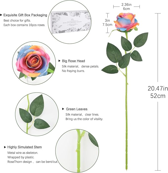 Rainbow Fake Roses Artificial Flowers - 16 Pcs Fake Artificial Roses Silk Flowers with Stems for Home Wedding Hotel Office Centerpiece Decor(Rainbow)-Ruum Studio Home