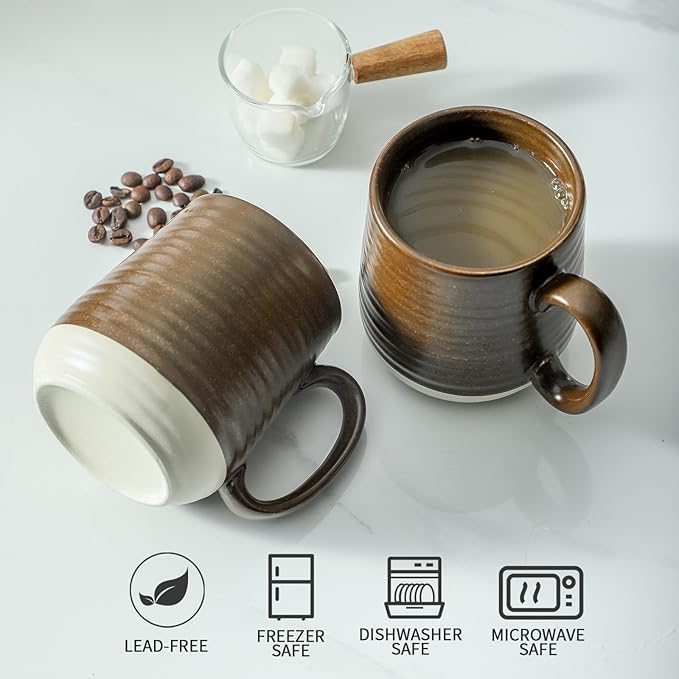 Hasense Coffee Cups Set of 6, 15 oz Stoneware Coffee Mugs with Big Handles, Modern Tea Cup for Indoor and Outdoor for Cocoa, Milk, Tea, Hot Chocolate, Soup, Valentine's Day Gifts, Brown-Ruum Studio Home