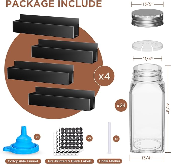 4 Pack Magnetic Spice Rack with 24 Spice Jars, Spice Labels, Chalk Marker and Funnel Set, Magnetic Spice Organizer Shelf for Refrigerator, Microwave, Seasoning Organizer for Kitchen-Ruum Studio Home