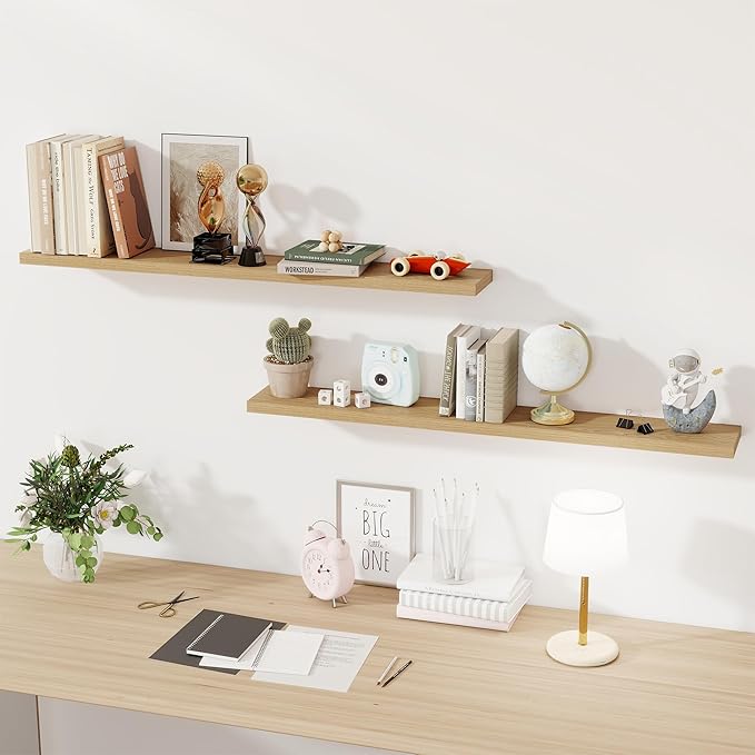 Fun Memories 48 Inch Floating Shelves for Wall, Set of 2 – Rustic Wood Wall-Mounted Shelves with Invisible Brackets for Bedroom, Bathroom, Kitchen – Storage, Books, or Decor, Oak-Ruum Studio Home