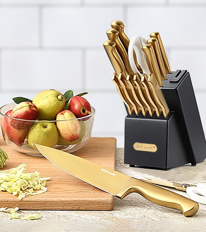 McCook® Knife Sets, Golden Titanium Stainless Steel Kitchen Knife Block Sets with Built-in Sharpener-Ruum Studio Home