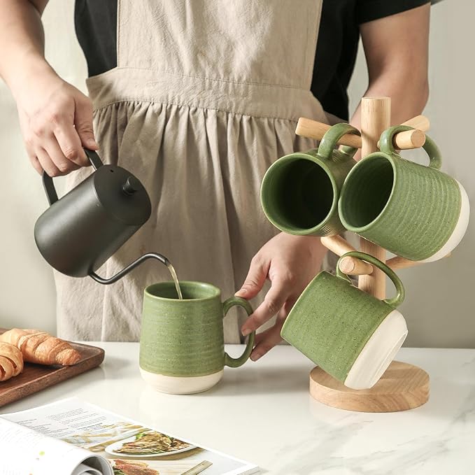 Large Ceramic Coffee Mugs Set - 15 OZ Porcelain Coffee Latte Cups Set of 4 with Handle Perfect for Cappuccino, Tea, Mocha, Hot or Cold Drinks, Unique Glaze Design for Home, Cafe and Coffee Bar, Green-Ruum Studio Home