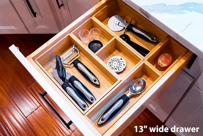 Umilife Drawer Organizer Storage Boxes, 2.5" High Bamboo Drawer Dividers, 5 Rearrangeable Bins for Kitchen, Office Desktop, Clothing, Makeup, vanity, Jewelry-Ruum Studio Home